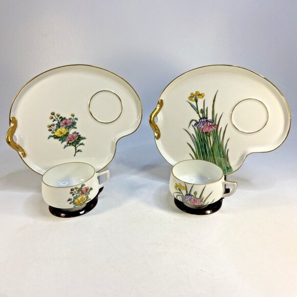 2 Kotobuki Snack Plate Shadow Geisha Tea Cup Eggshell Porcelain Floral Japan 50s